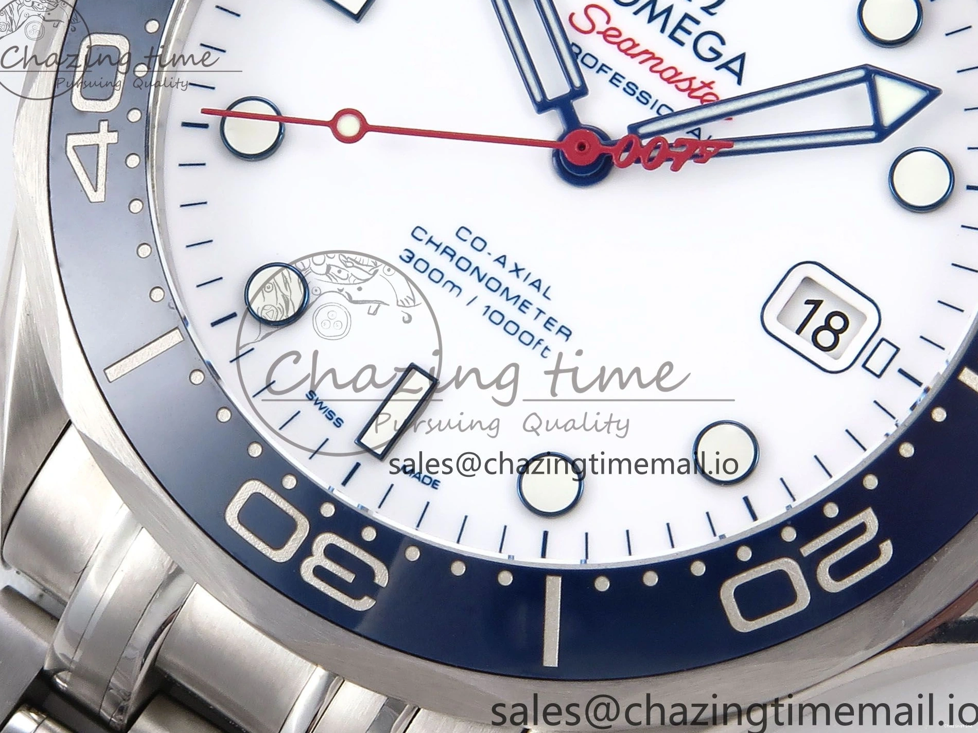 0409 HighQuality Seamaster Diver 300M OMF 1:1 Best Edition Blue Red Ceramic White Dial on SS Bracelet A 7705